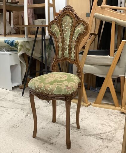 アンティーク調 ハイバックチェア 布張り 輸入家具 DBR×グリーン【ユーズドユーズ名古屋天白店】J2404
