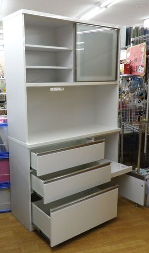 レンジボード 幅119.3㎝×奥行42.5㎝×高さ196.5㎝  白エナメル ホワイト キッチンボード 大容量 食器棚 西岡店 