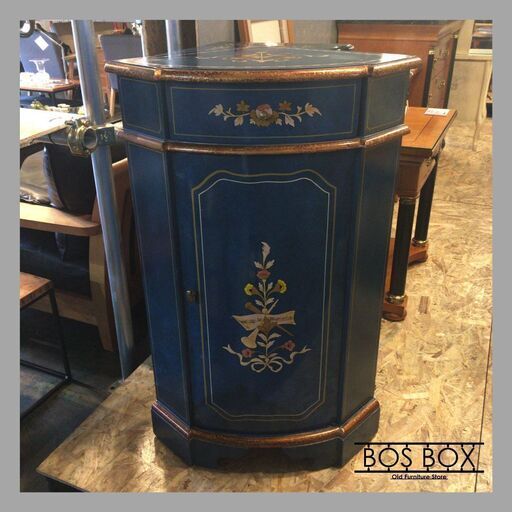 アンティーク調　象嵌キャビネット　ブルー●D114Y288
