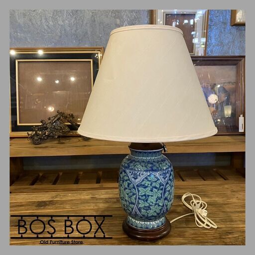 陶器製テーブルランプ 青華緑彩 花瓶卓上ライト●D104M105