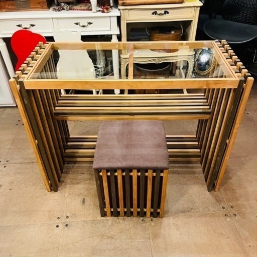 【売約済み】　【セール価格】ガラス　デスク　デスクチェア　セット　スツール　収納　机　作業台　テーブル　棚付き　検　北欧　デザイナー　家具　格子　テレワーク　在宅　おしゃれ　ノルン　NORN  2点セット