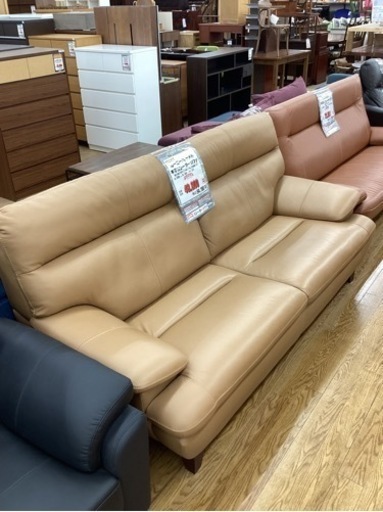 KB-59【新入荷　リサイクル品】IDC大塚　ルーニー/キャメル　本革3シーターソファ　ブラウン