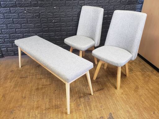 【アウトレット品】ダイニングチェア 回転チェア2脚＋ダイニングベンチセット 北欧スタイル ライトグレー 12341-2