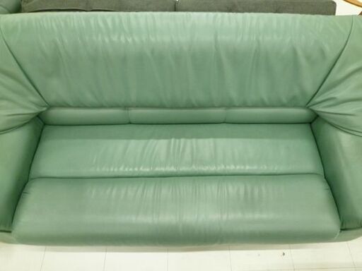 3人掛けソファー 座面本革 幅198x奥行82x高さ76.5cm  グリーン系 3Pソファ 家具 本革+合皮 レザー調 苫小牧西店