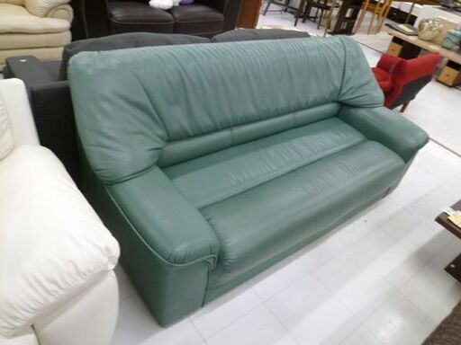3人掛けソファー 座面本革 幅198x奥行82x高さ76.5cm  グリーン系 3Pソファ 家具 本革+合皮 レザー調 苫小牧西店