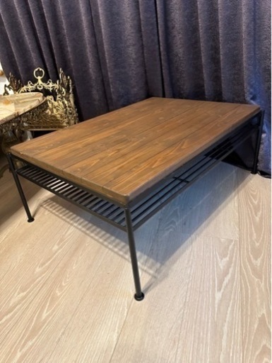 【ご購入者様決定】美品！定価¥37990-LOWYA リビングテーブル 棚付き スチール脚 エイジング加工天板使用