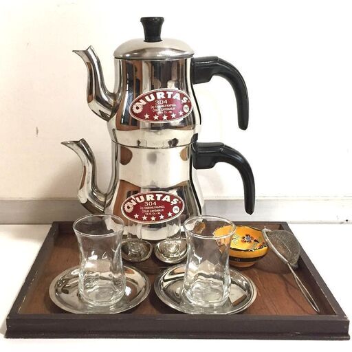 トルコ チャイダンルック 2段 ポット ステンレス チャイ グラス ソーサー アルミ ストレーナー 茶漉し 陶器 キュタフヤ 小鉢 木製 トレー