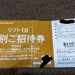 グランデコのリフト券引換券1枚　宇都宮周辺かさくら市周辺で手渡し...