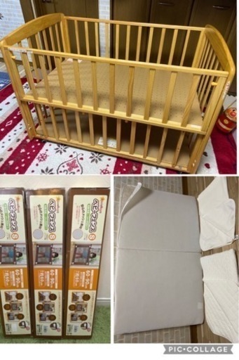 【まとめ売り】ベビーベッド、高反発マットレス、カバー、防水シーツ、キルトパット、ベビーゲート　セット