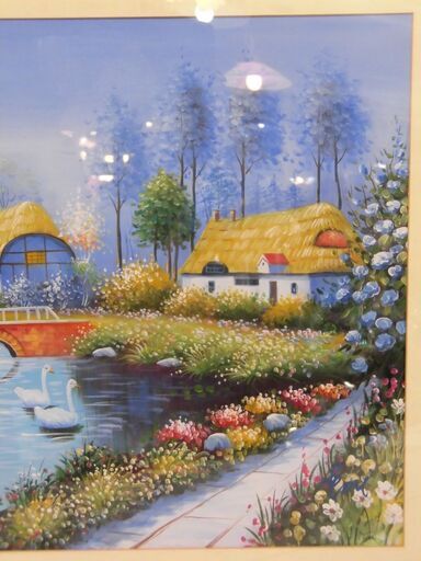 トールペイント技法による風景画額装品　作者不明　額サイズ：約72×63.5cm