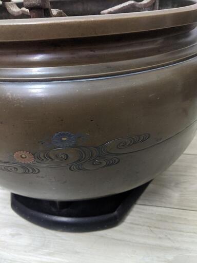 宣徳銅 瓶掛 銀象嵌 大型火鉢 手あぶり火鉢 ひばち 古銅 時代物 骨董品
