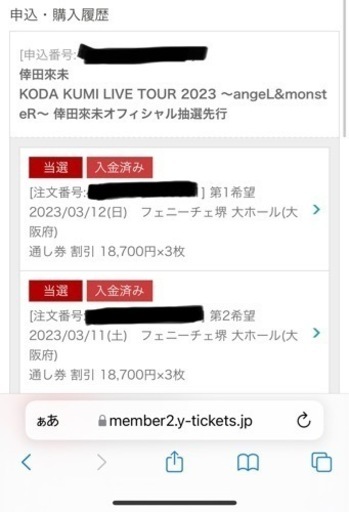 倖田來未ライブチケット ～angeL&monsteR 大阪公演