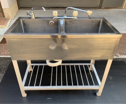 業務用 2槽シンク 幅90/×奥450×高さ765(mm) 流し台 厨房機材 キッチン 手洗い場 厨房機器 店舗用品 大阪 2層シンク ホース新品交換済