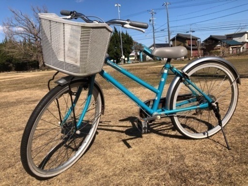 整備済◆22インチ　子供から小柄な大人まで　シティサイクル　ママチャリ　子ども自転車　ターコイズブルー　水色