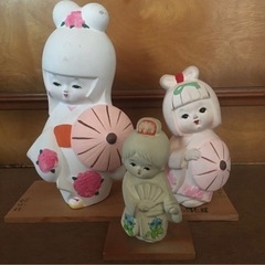 陶器　人形　絵日傘　お土産品　3個で80円　※ヤケ汚れあり