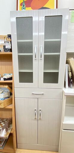 【レガストック江東店】【オープン記念セール実施中！】キッチンキャビネット ハイタイプ ガラス扉 幅60cm 奥行38cm 高さ178cm