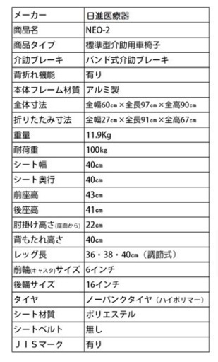 車いす　NEO-2 ニッシン　介助用車椅子