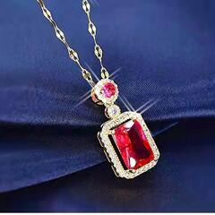 ▼j→→→m32-9番★紅玉ルビースクエア金彩 1粒ダイヤモンドネックレスの画像