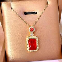 ▼j→→→m32-9番★紅玉ルビースクエア金彩 1粒ダイヤモンドネックレスの画像