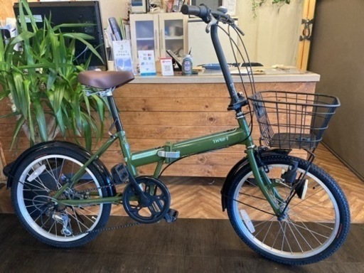 【前後タイヤ・チューブ新品！】6段変速　カゴ付き20インチ折りたたみ自転車　モスグリーン
