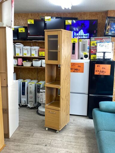 キャスター付き スリムキッチンラック 幅32cm 隙間収納 食器棚 ガラスキャビネット キッチンボード ナチュラル★買取帝国 志木店