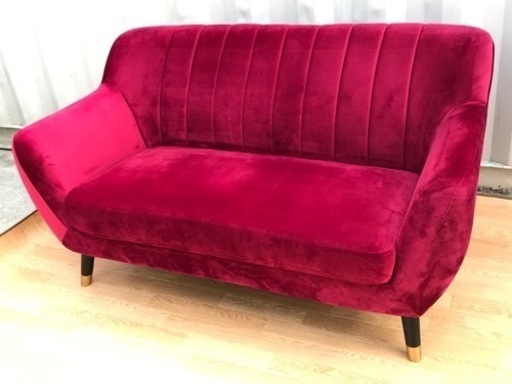 2人掛けソファ◇幅約143cm◇レトロ◇ベロア調◇ファブリック生地◇脚高◇高級感◇インパクト大◇K410