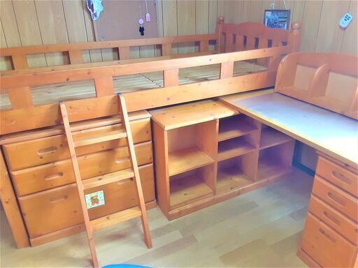 システムベット　子供用ベット　机付きベット　子供部屋　木製　チェスト付き