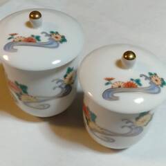 ㊹中古 有田焼 曲水 夫婦湯呑 組湯呑 ペア湯飲み 蓋付 レトロ...