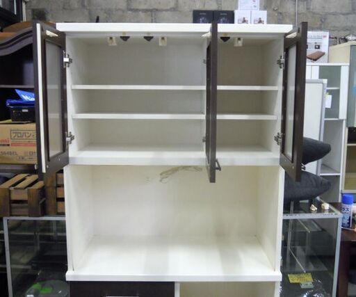 現状品 レンジボード キッチン収納 食器棚 ダークブラウン×ホワイト 幅89cm 札幌市東区 新道東店