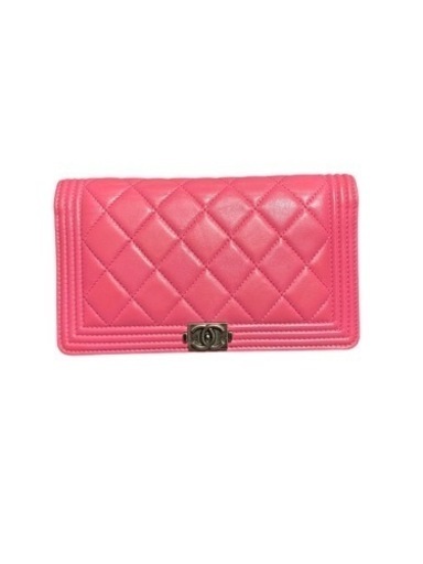 正規品、シャネル　ココマーク　ラムスキンボーイシャネルガンメタル金具長財布ピンク二つ折り