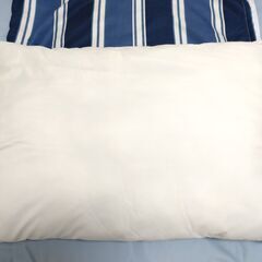 【 東京都 調布市 柴崎 】 NITORI ニトリ 布団 一式 セット 枕 敷き 掛け 3点 シングル ★ ブルー ネイビー 水色 ストライプ   美品の画像