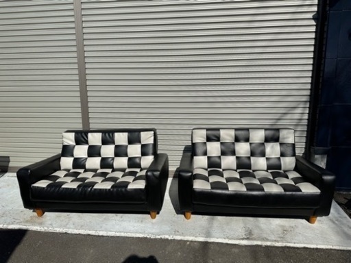 2人掛けソファ　モノクロ　チェック　合皮　2脚セット　美品