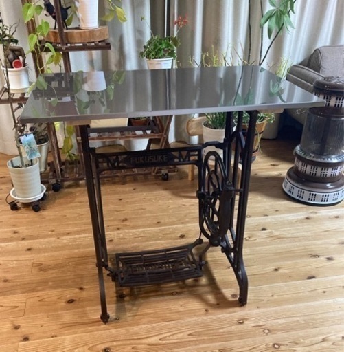 昭和レトロ　FUKUSUKEミシン脚テーブル　ステンレス天板仕様