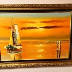 油絵　絵画　夕日　ヨット　