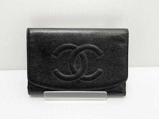 シャネル CHANEL キャビアスキン デカココマーク 三つ折り財布　ブラック