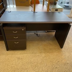 ワークデスク オフィスデスク 木製 ダークブラウン 袖机付の画像