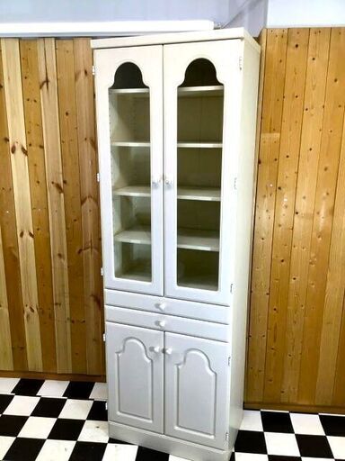 アンティーク　食器棚　カップボード　クリーム系　600×365×1800　現物確認可　住まい　ヴィンテージ