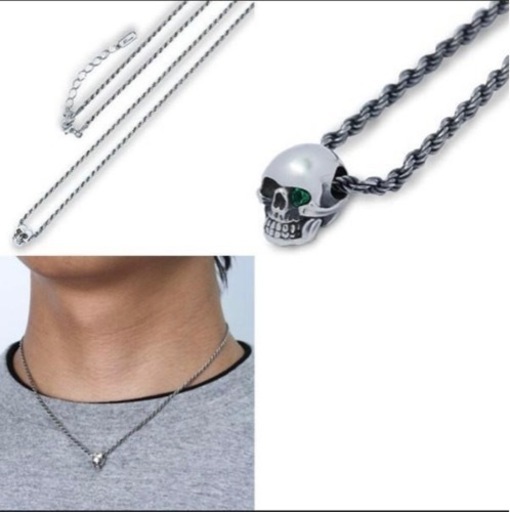 AQUASILVER グリーンガラススカルシルバーペンダントネックレス