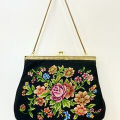 プチポアンハンドバッグ がま口 黒 ビンテージ 花柄 刺繍 ハン...