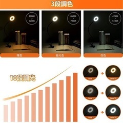 クリップライト 48 led 電気スタンド デスクライト 卓上ライト 台灯 読書灯 3階段調色(暖色/昼光色/白色) 10階段調光 600ルーメン 8.5ｗ LEDライト 360°回転 USB式 読書ランプ 目に優しい 記憶機能 仕事 勉強 本棚 ベッドサイド 寝室 書斎 オフィス イーゼル ブラックの画像
