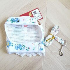 新品　ベアフラワーハーネス&リードセット　ホワイト　白　くまさん　お花柄　小型犬　チワワ　トイプー　パピー　お散歩ハーネスの画像