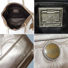 正規品　COACH コーチ　シグネチャー　ストライプ ステッチメタリックトートバッグ　ハンドバッグ　ゴールド F18877の画像