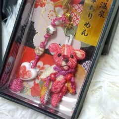 新品　華友禅　丹波ちりめん　ミニポーチ　城崎温泉 華ちりめん　テディベア携帯ストラップ　2個セットの画像