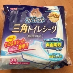 うさぎの三角トイレシート2袋、エサ3袋、ビスケット1個、その他備品の画像