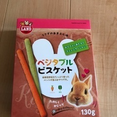うさぎの三角トイレシート2袋、エサ3袋、ビスケット1個、その他備品の画像