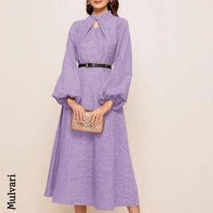 ツイストネックランタンスリーブフレアドレスの画像