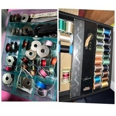 ブラザーミシン（足踏み）＋ロックミシン＋布＋裁縫道具色々の画像