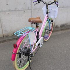 【確認】≪ZT379ジ≫ Airbike/エアーバイク 電動アシスト自転車460型 26インチ 6段変速 充電器付属 460assist-sakura ピンク 前かご付 難あり 現状品 の画像