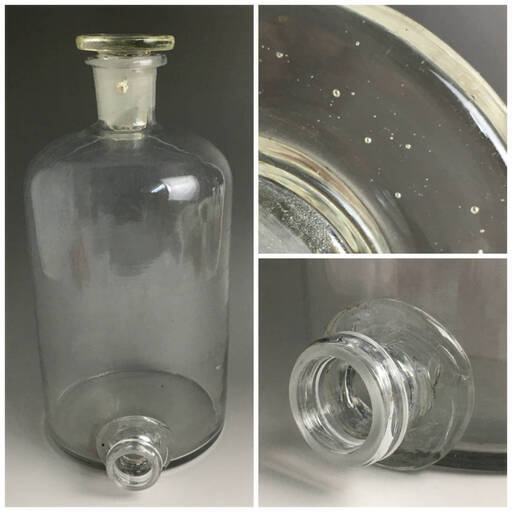 ut9/108　昭和レトロ　3000ml 古いガラス瓶　蓋付　排水口付　薬瓶　気泡　実験　理科　ガラス　時代