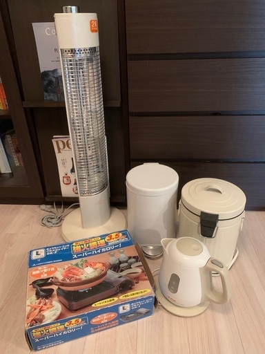 【5点】ストーブ、電気ポット、卓上カセットコンロ、ゴミ箱